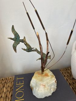 Vintage Mcm 70s CURTIS JERE Bird In Flight Sculpture Onyx Base Signed Cattails