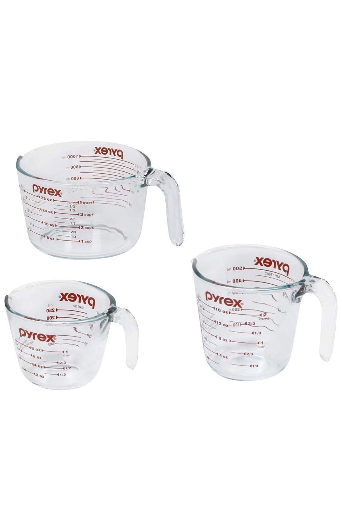 A SET OF 3 PYREX GLASS MEASURING CUPS!