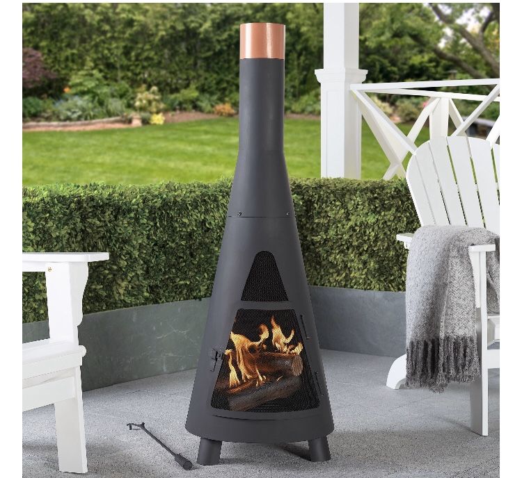 Modern Wood Burning Steel Chiminea, Black and Copper