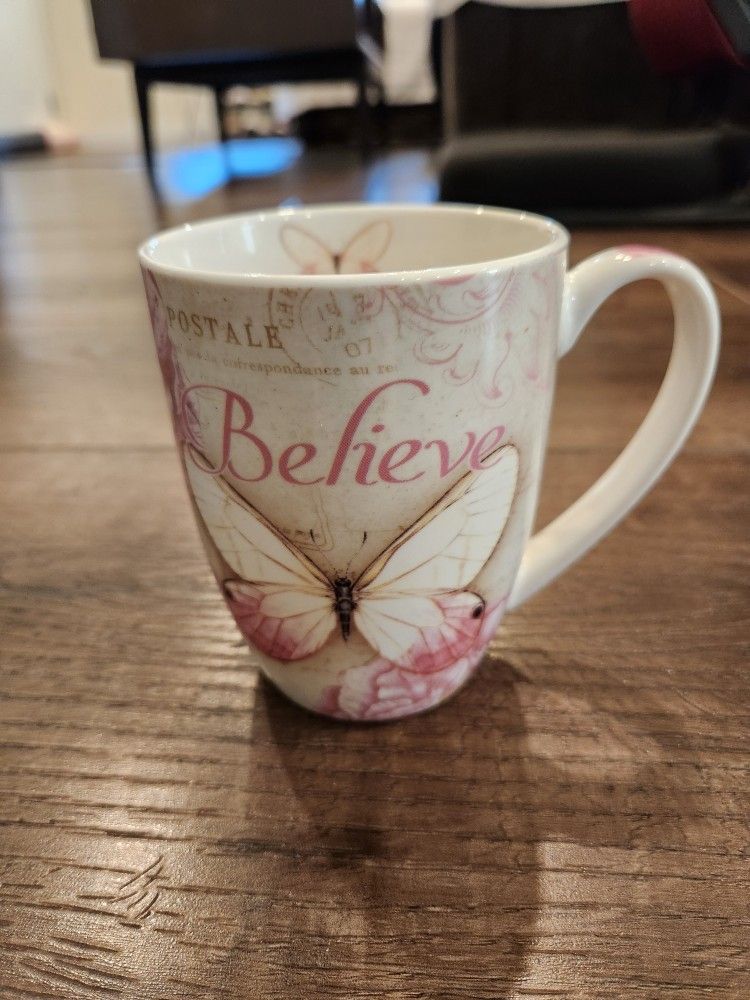 Christian Art Gifts "Believe" Coffee Mug 8oz Mug-Butterfly Blessings/Believe (Mark 9:23)-Pink