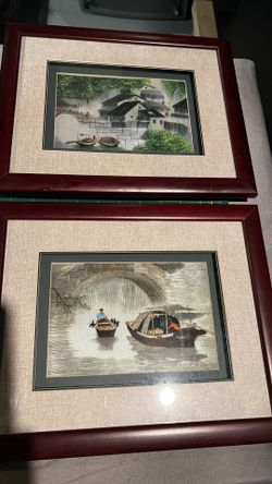 Vintage Chinese Silk Embroidery Framed Art Set (Pair) - 11.5" x 14"