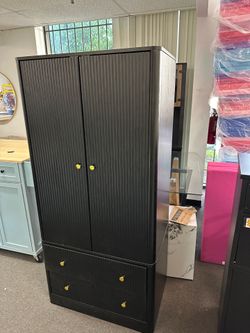 New 66” Black Wooden Wardrobe Closet Cabinet w/ Hanging Rod dresser