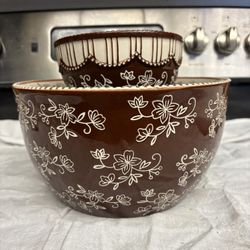 Temp-tations by Tara Floral Lace Mixing Bowl Set (4.5 QT + 1 QT) Brown/Cream 