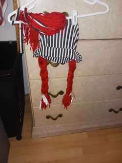 Red Yarn Braid Wig costume with Striped Hat (adult)