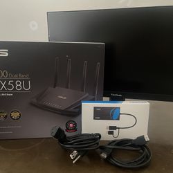 Tech Bundle - 22” Monitor With HDMI and Power Cord, HDMI adaptor, And ASUS Smart router 