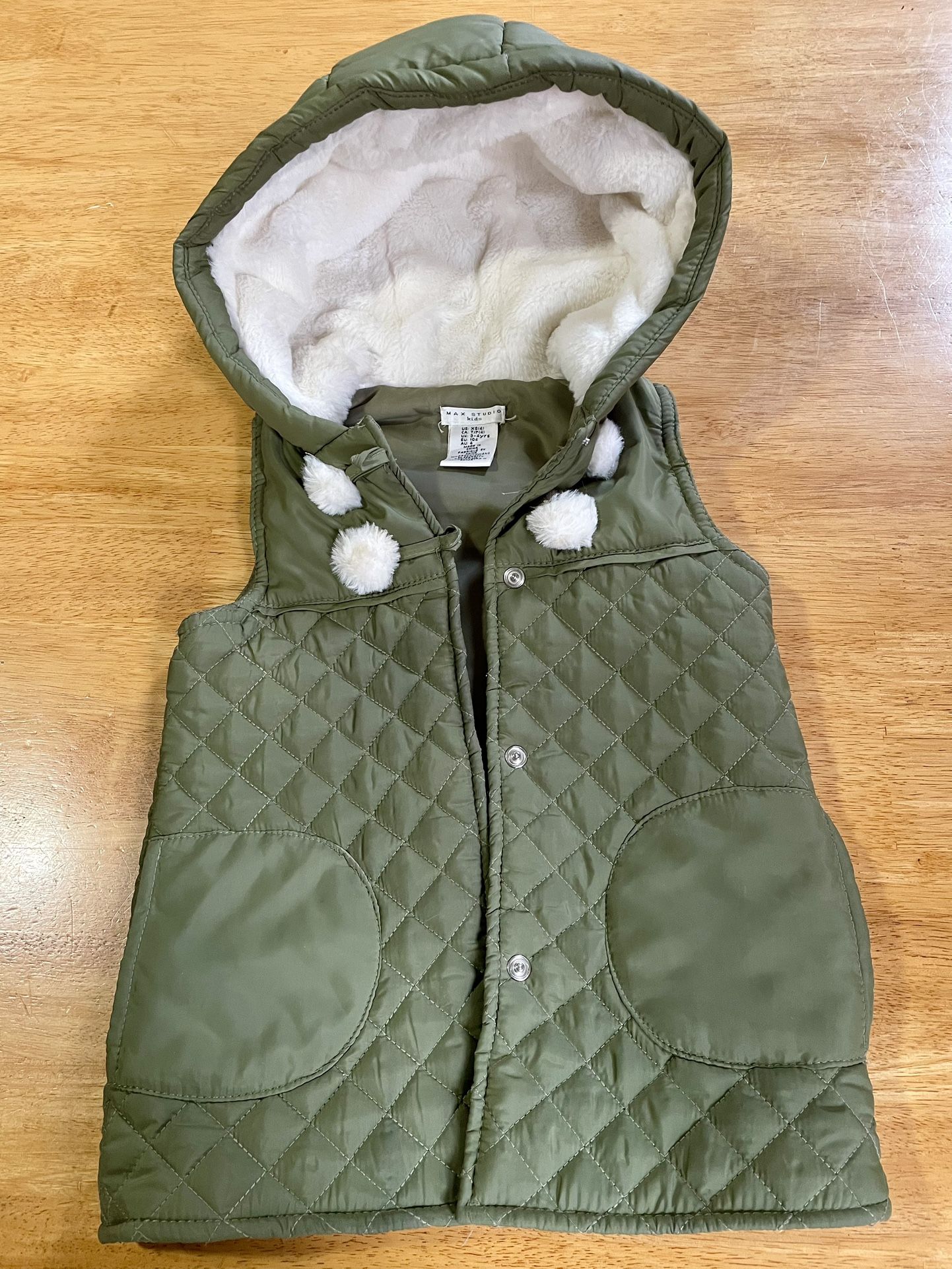 SZ XS. (4).Max Studios Kids Puffer Vest FUR Hooded Olive Green Sleeveless Winter