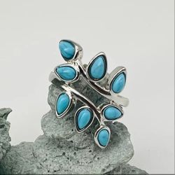 Turquoise Silver Ring Leaf Flower