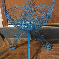 Vintage Pretty Blue Ornate Wrought Iron Plant Flowet Stand
