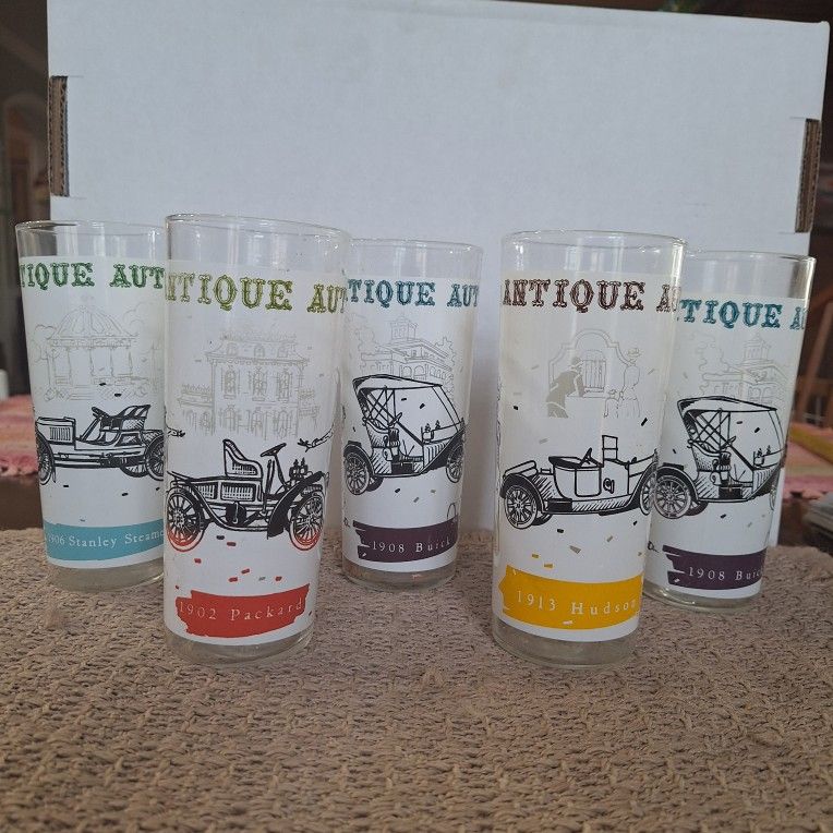 VINTAGE ANCHOR HOCKING ANTIQUE AUTO DRINKING GLASSES SET