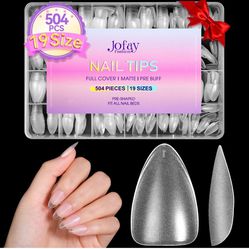 Short Almond Nail Tips 504Pcs, Jofay Fashion Pre-shaped & Etched Acrylic Fake Nails Full Cover Almond Clear Gel Nail Tips Full Matte False Nails Press