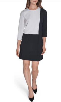 HALSTON H Women's 3/4 Sleeve Round Neck Knee Length Dress, Blk/Cream