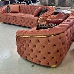 LUPINO ORANGE VELVET SOFA & LOVESEAT
