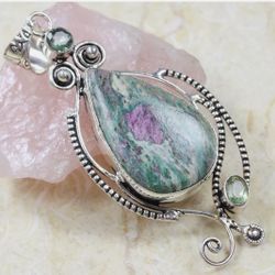 Ruby Ziosite  & Green Amethyst 925 Sterling Silver Plated Gemstone 3.24" Pendant