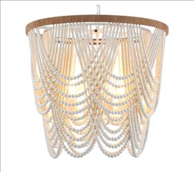 26” Boho Wood Beaded Chandelier Rustic Farmhouse Pendant Light 4-Lights Large Coastal Chandelier for Living Room Dining Room Foyer Entryway Bedroom, O