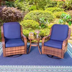 Brown 3-Pieces Metal Outdoor Patio Conversation Sectional Seating Set with Blue Cushions and Brown Rattan