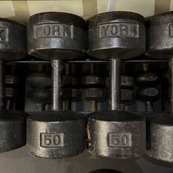Vintage York Roundhead 50 lb dumbbells 50lbs 50lb dumbbell lbs weights weight round head roundheads Cast Iron USA Stamped