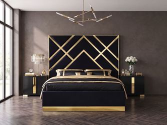 Rich Black velvet gorgeous headboard with gold details and gold legs fully slated mattress ready brand new in box firm price Queen $799 King $849