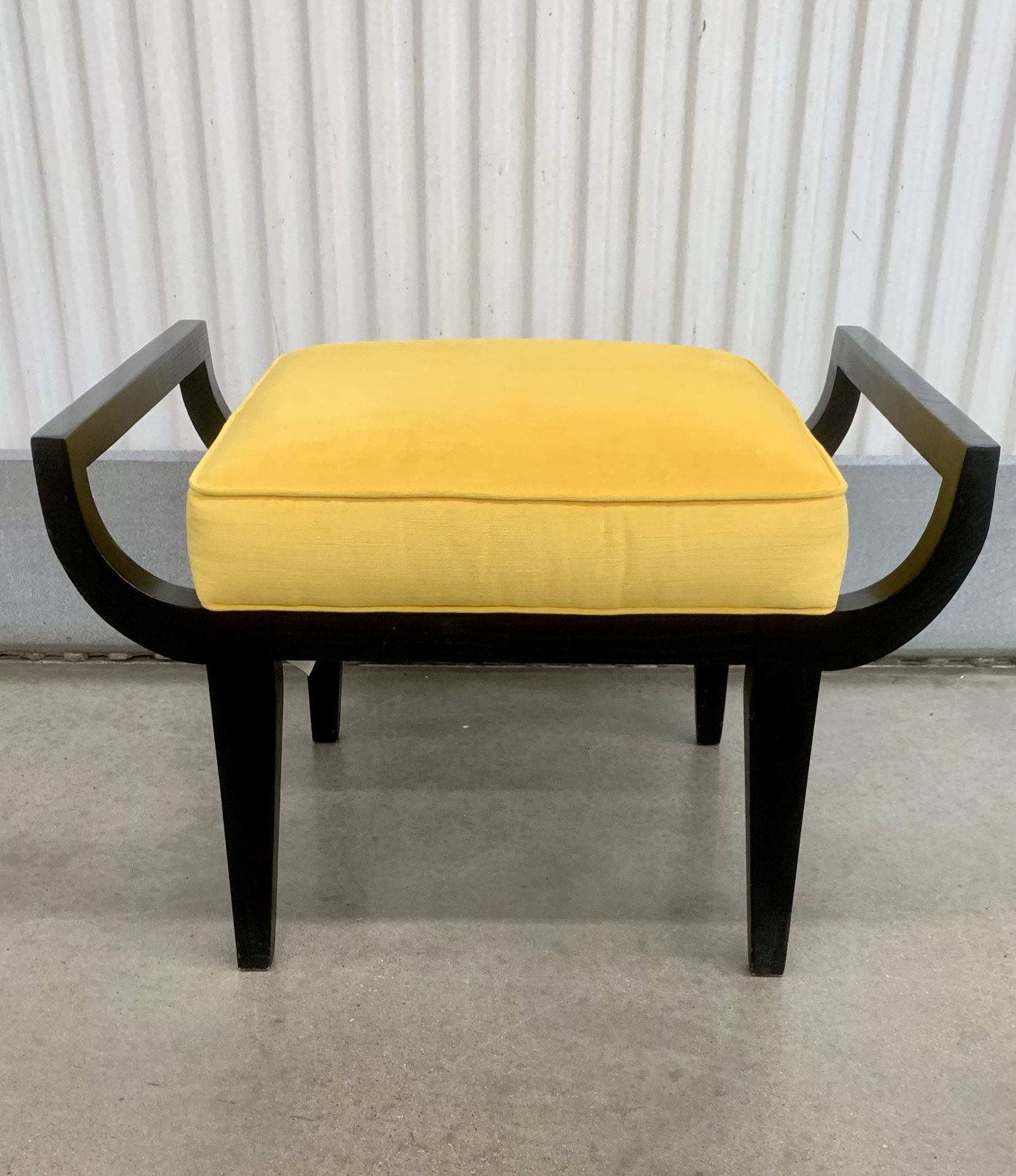 Contemporary yellow velvet w/ black oak base “Trey” bench by CR Laine