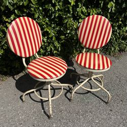 Vintage 60s  70s MCM Chromodern Red And Cream Pinstripe Bar Chairs