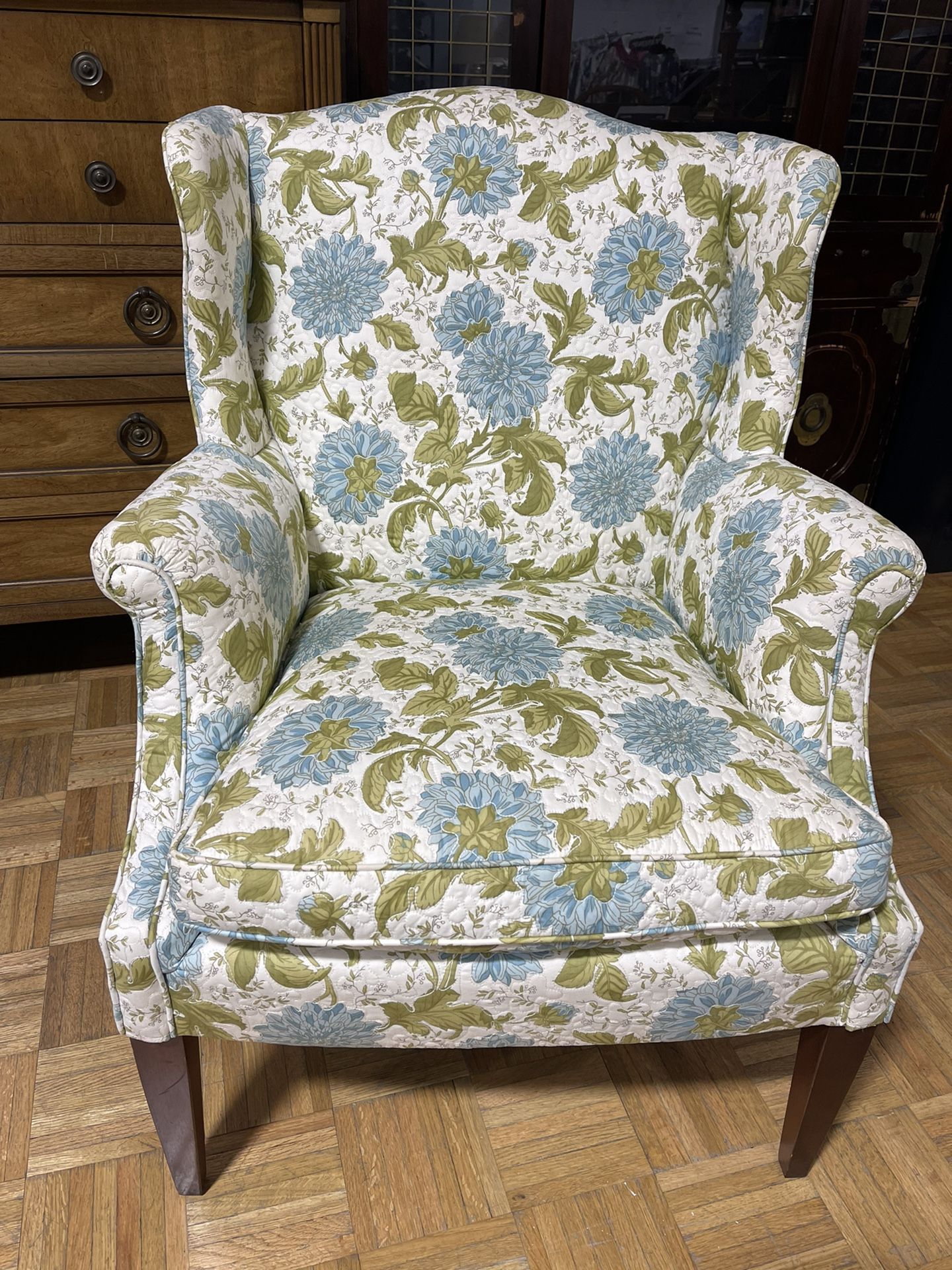 Floral Wood Framed Wing Back Armchair