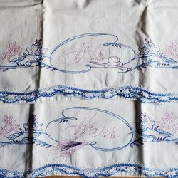 Vintage Pair His and Hers Embroidered Standard Size Pillow Cases