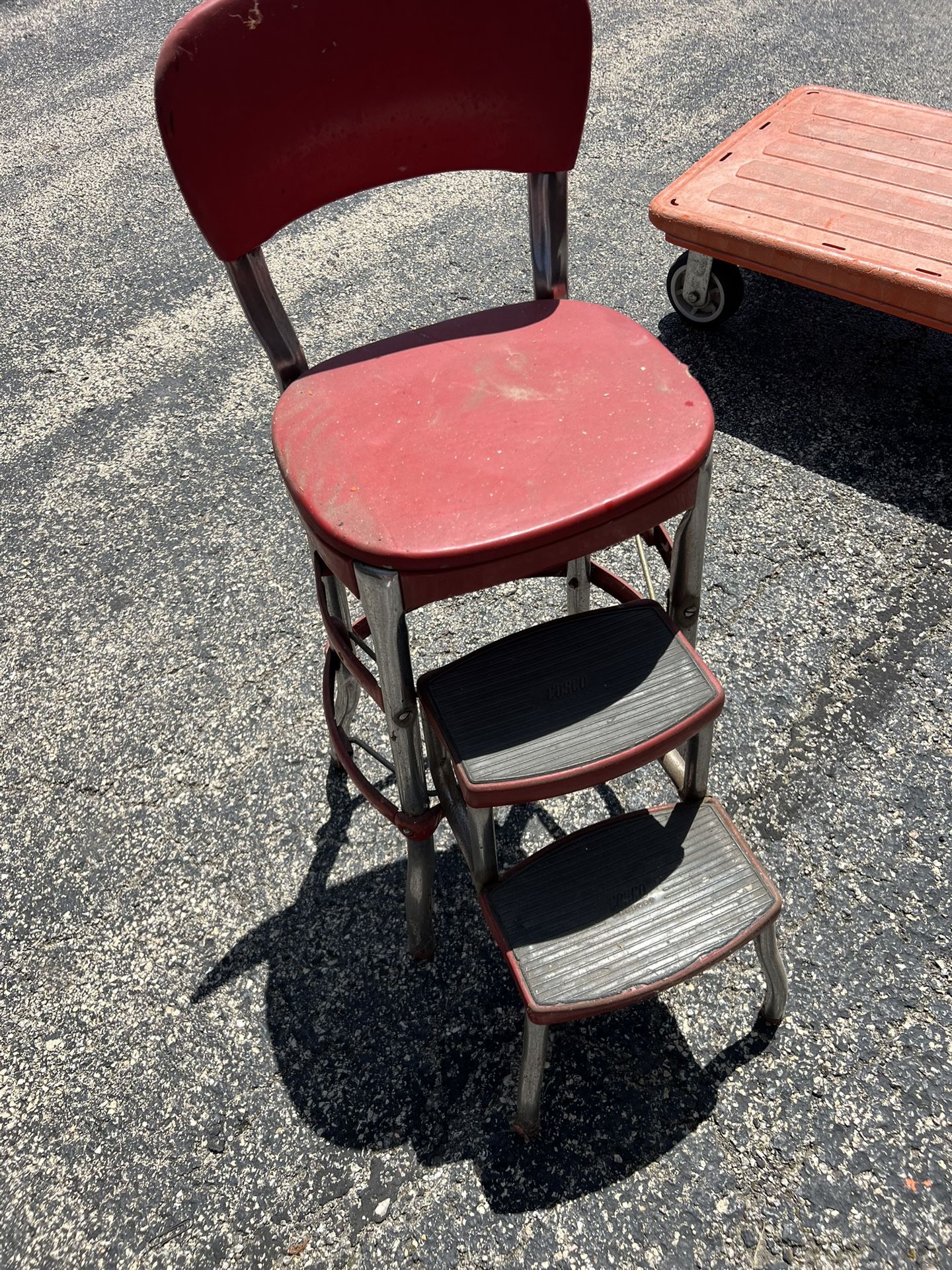 Antique/ Vintage Red Cosco Chrome Kitchen Step Stool Farm Chair Plant Stand