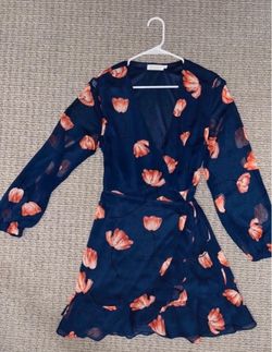 All in Favor Navy Wrap Dress with Coral Floral Print - Size L
