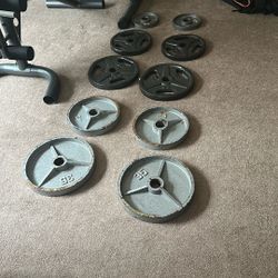 Bench, 45lb Bar, Squat/bench Rack, 4-35 Lbs Plates, 4-25lbs, 2 10 Lbs Plates