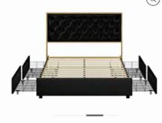 Queen Size Bed Frame with 4 Storage Drawers