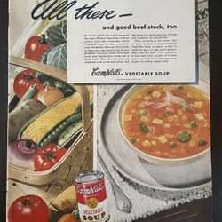 1945 Campbell's Soup Beef Stock Vegetable Soup Tomatoes Corn Lettuce WWII