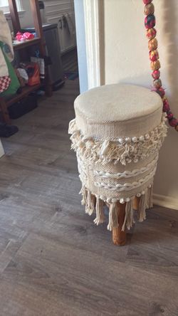 Boho Macrame Fringe Stool with Wood Legs