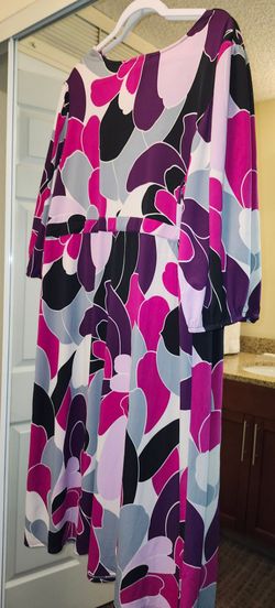 Purple Pink Floral Print 3/4 Sleeves Empire Midi Dress