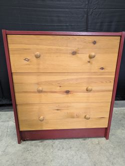 Vibrant Red and Natural Wood Three- Drawer Chest