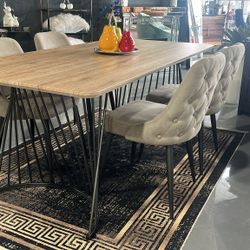 5 PIECE DINING TABLE SET 80"Z38X30H  DINING TABLE BROWN TOP BLACK BASE GRAY FABRIC CHAIRS