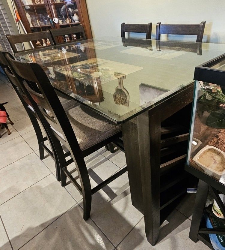 Dining Counter height Table With 6 Chairs & Glass Prtector Topper