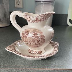 Vintage Brown Transfer Ware Pitcher and Bowl - ArtMark- Made in Japan