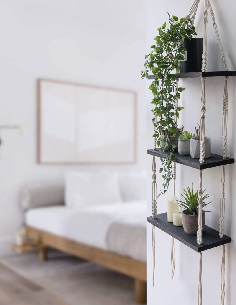 Macrame Shelf Hanging Shelves, Wooden Wall Shelf with Woven Rope, Black Floating Shelves Storage Organizer, 3 Tier Shelf Boho Decor for Living Room, B