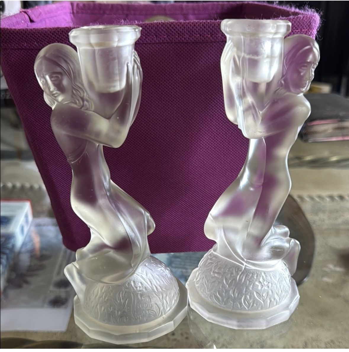 Vintage NUDE PAIR DECO Satin Frosted Candle Holders