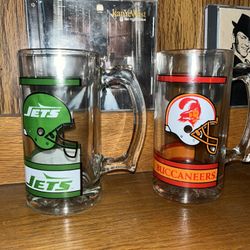 1980s Buccaneers and Jets Stein Mug Glasses