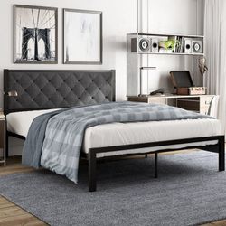 Full Size Platform Bed Frame with Upholstered Headboard, Dark Grey