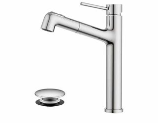 9108: Vessel Sink Faucet with Pull Out Sprayer, Tall Bathroom Faucets with Pop Up Drain, Stainless Steel Single Handle Faucets with 2 Spout Patterns, 