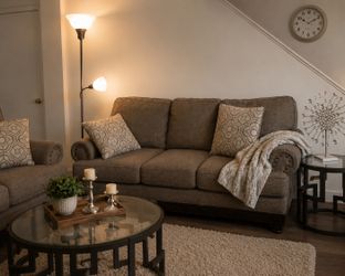 Gray comfortable couches + 2 stylish floor lamps for sale!