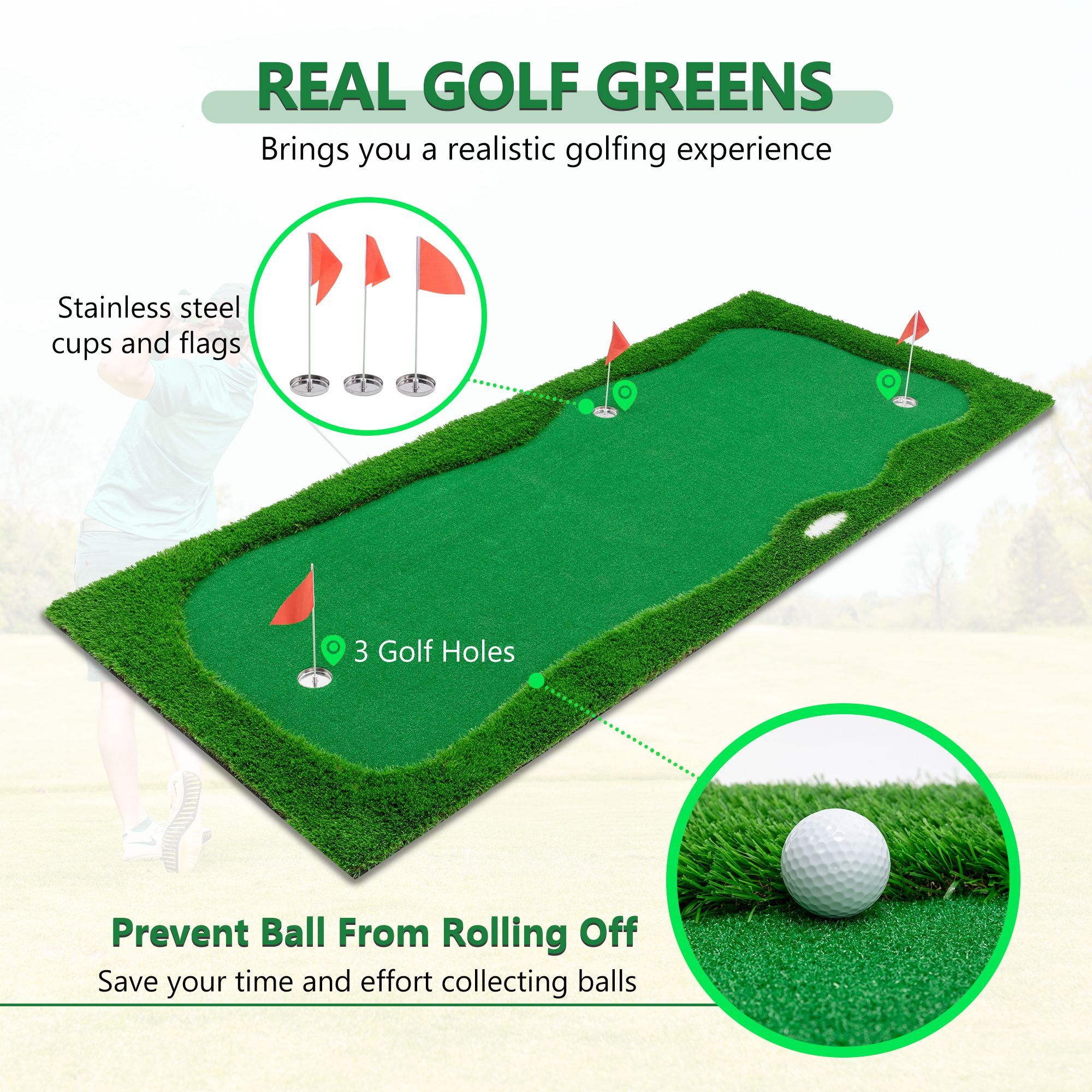 12x5 FT Golf Putting Green, Golf Training Mat with High quality Turf, 3 Holes, 3 Flags and Cups for Indoor Outdoor