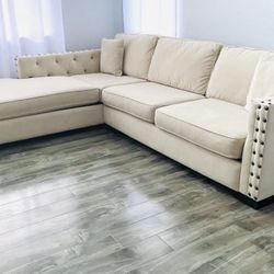 🔥Beautiful Beige large Sofa Couch Sectional Chaise L shape Velvet