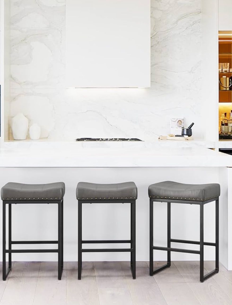 LUE BONA Counter Height Bar Stools, 24" Square Saddle Barstools Set of 3, Counter Stool, Dark Gray