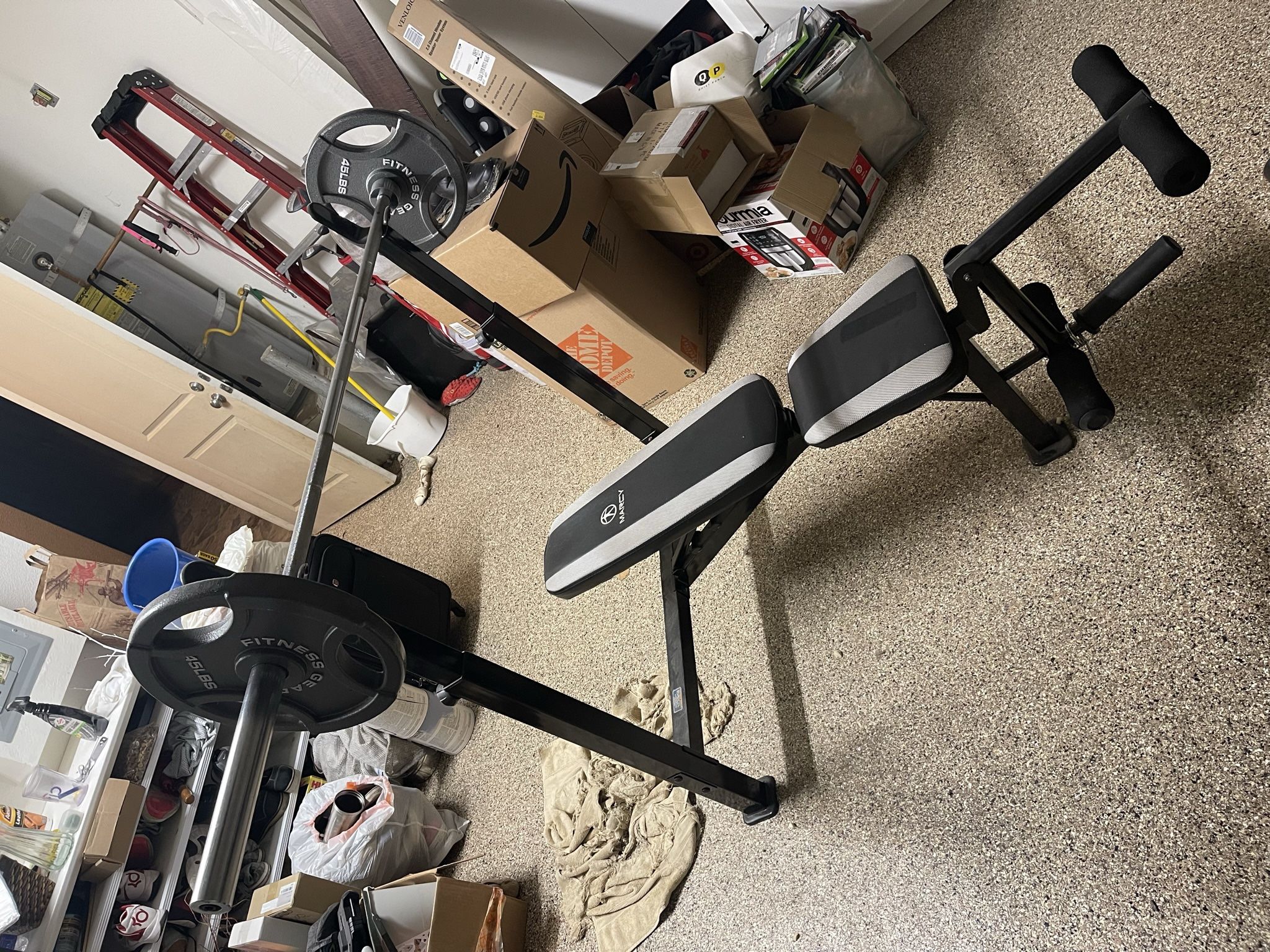 Bench Press, Bar bell (50lb), (2) 45’s Plates