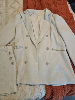 Beige Tweed/Polyester Short And Double Breasted Blazer