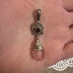 New Sterling Silver Pink Quartz And Garnet Dangle Pendant