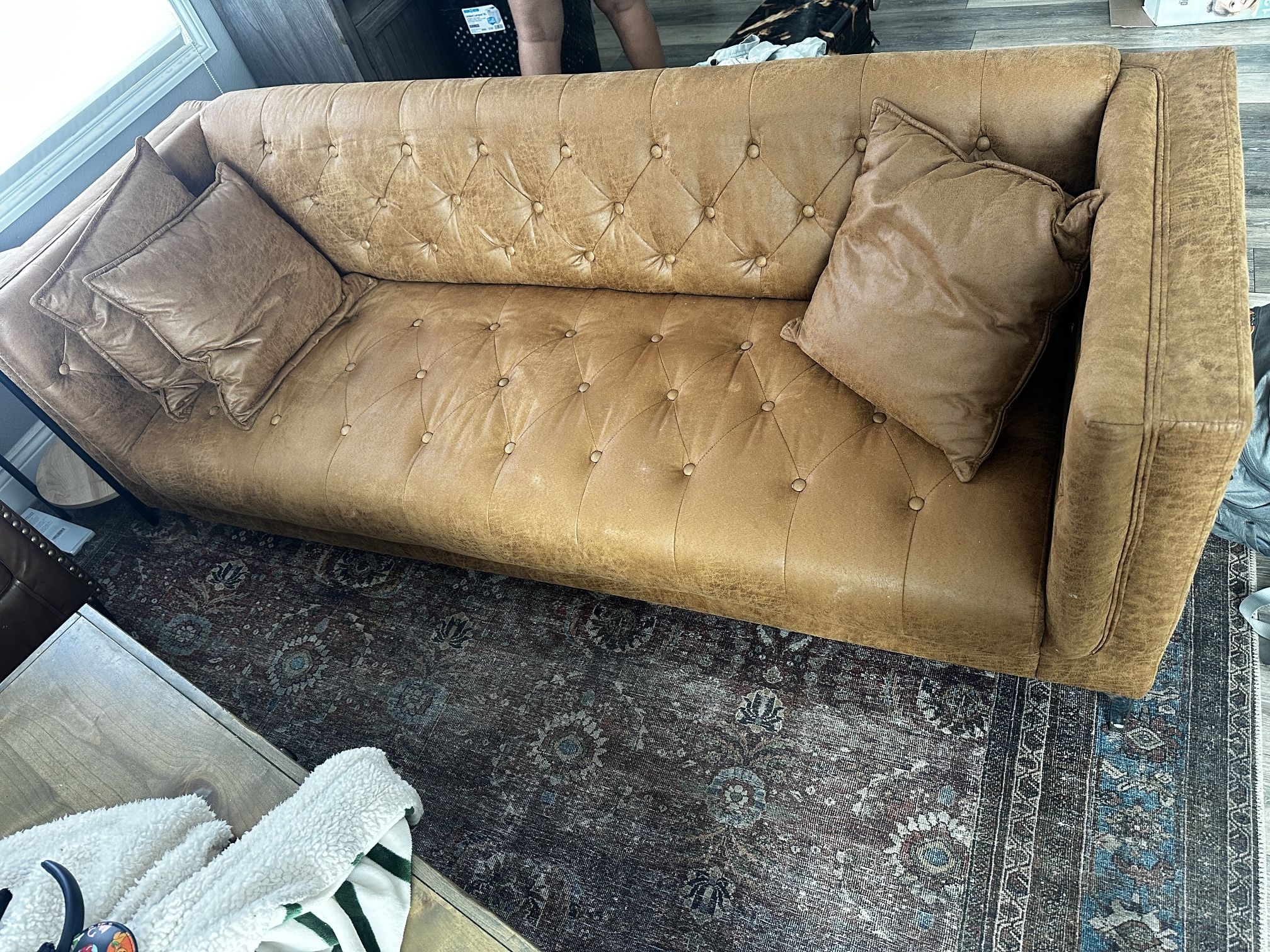 Brown Leather/ Faux Leather Couch And Chairs