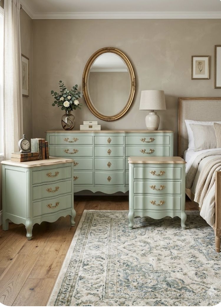 Wooden 12-drawer French provincial dresser and two three drawer nightstands